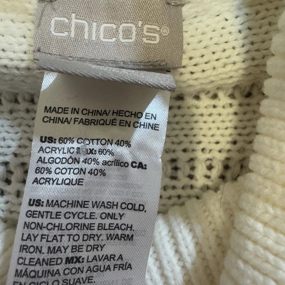 Chico’s Cream Boho Fringe Turtleneck Cable-Knit Tunic Sweater Women Size:2/L